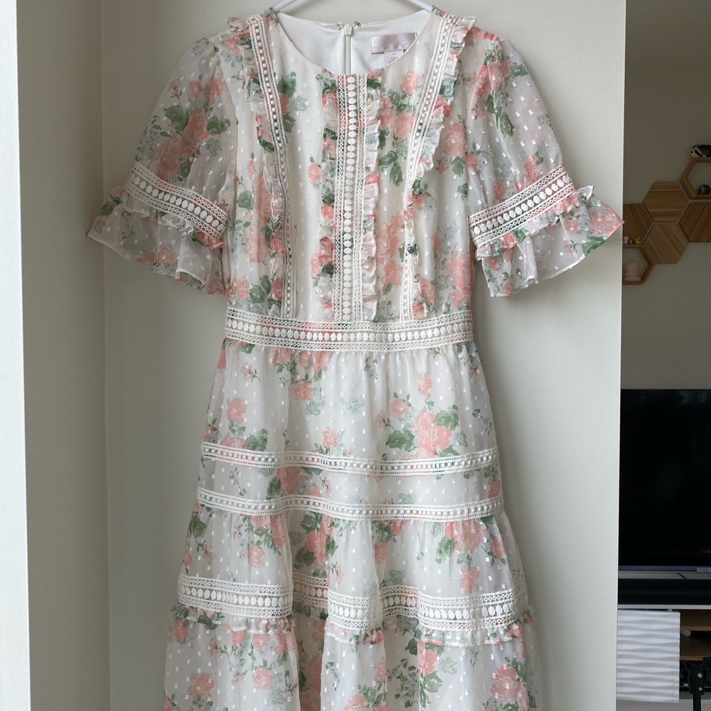 Rachel Parcell White Floral Midi Dress with Pink and Green Accents